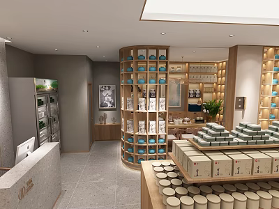 Neat Modern Specialty Store Interior With Round Shelves Cans Displays And Refrigerators 3d model