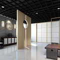 Modern Conference Room Interior With Black Grid Ceiling Wooden Long Table And White Projection Screen