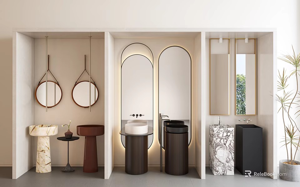 Modern Bathroom Washbasins with Marble Countertops Black Brown Stands and Round Mirrors 3d model 