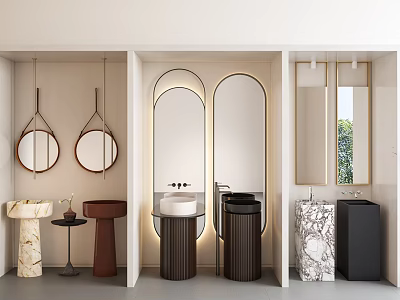 Modern Bathroom Washbasins with Marble Countertops Black Brown Stands and Round Mirrors 3d model