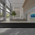 Modern Minimalist Office Lobby Reception With White Marble Counter Wooden Grille Decor And Indoor Greenery