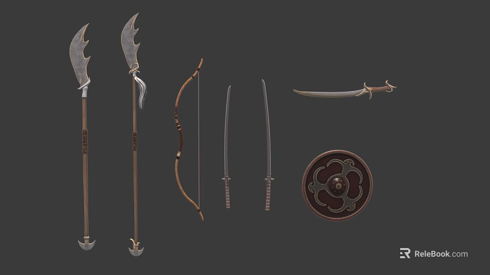 Ancient Weapons Collection Featuring Halberds Bow Daggers Scimitar and Shield 3d model