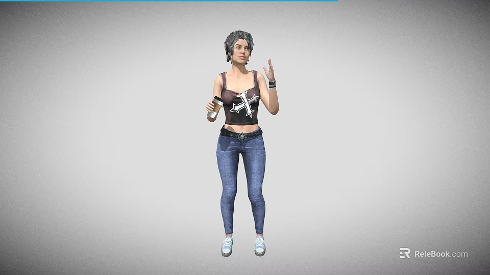 Woman wearing tank top and blue jeans holding drink gesturing with hand in white sneakers 3d model 