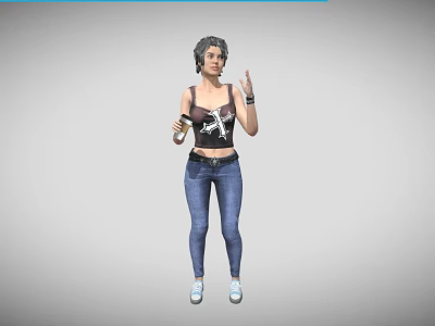 Woman wearing tank top and blue jeans holding drink gesturing with hand in white sneakers 3d model