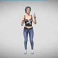 Woman wearing tank top and blue jeans holding drink gesturing with hand in white sneakers