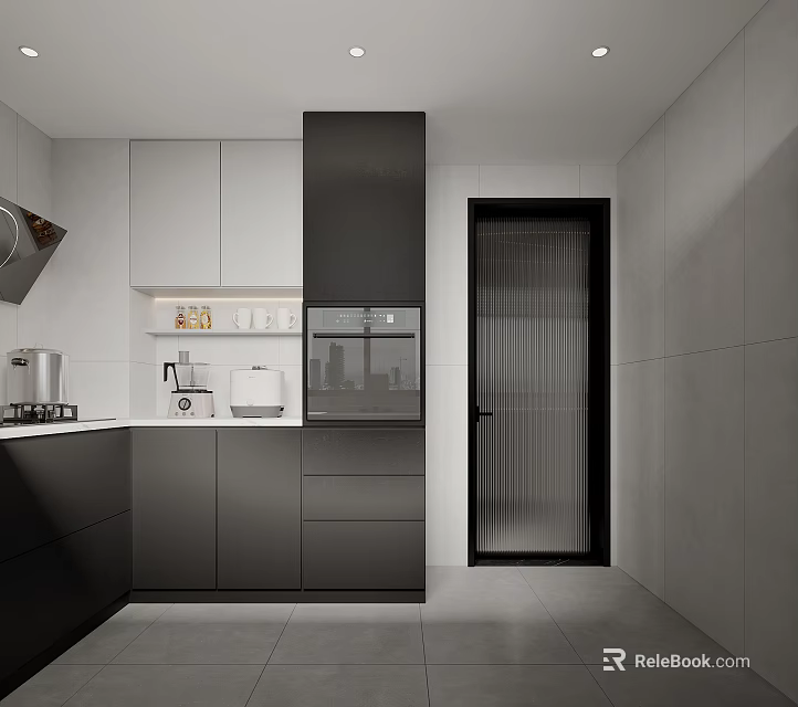 Modern Kitchen Interior With Black White Cabinets Countertop And Appliances Design 3d model 