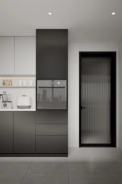 Modern Kitchen Interior With Black White Cabinets Countertop And Appliances Design 3d model