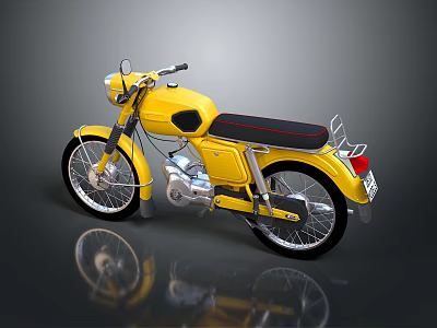 Yellow Motorcycle with Black Seat Chrome Accents Shiny Wheels and Reflection on Dark Surface 3d model