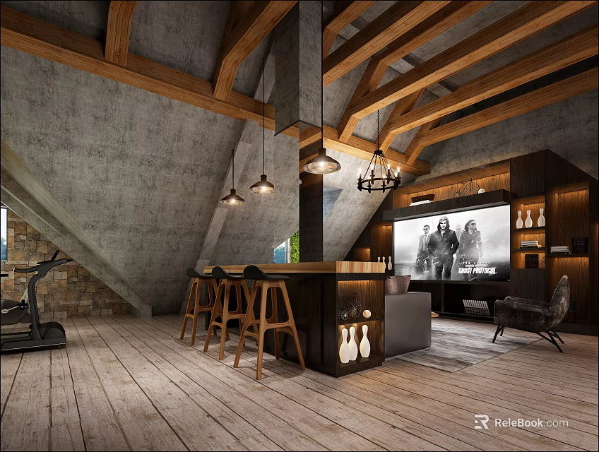 Attic Entertainment Room Interior With Wooden Beams Concrete Ceiling Bar Counter And Fitness Equipment 3d model 