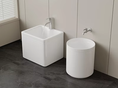 White Square and Round Bathroom Washbasins with Gray Floor and Light Walls 3d model