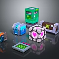 Colorful Tech Inspired Boxes With Various Shapes Digital Screens And Buttons 3d model