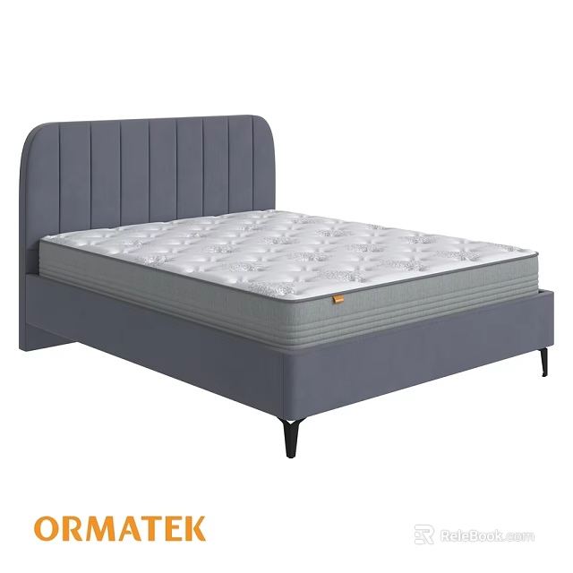 Double Bed With Grey Vertical Tufted Headboard White Mattress And Black Legs 3d model 