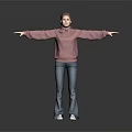 Woman in Pink Hoodie and Blue Jeans Standing with Arms Outstretched on Gray Background