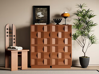 Wooden Chest of Drawers with Geometric Pattern and Potted Plant Table Lamp Decorative Painting 3d model