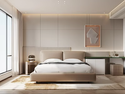 Modern Bedroom Interior With Beige Paneled Walls King Size Bed Decorative Painting And Area Rug 3d model