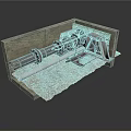 Industrial Equipment Installation In Concrete Enclosure With Mechanical Pipes And Gears