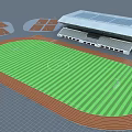 Football Stadium with Green Striped Grass and Red Running Track Surrounded by Roofed Grandstand