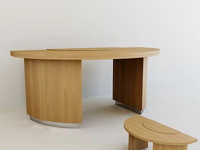 Modern Curved Wooden Office Desk With Light Wood Finish And Matching Stool 3d model