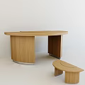 Modern Curved Wooden Office Desk With Light Wood Finish And Matching Stool