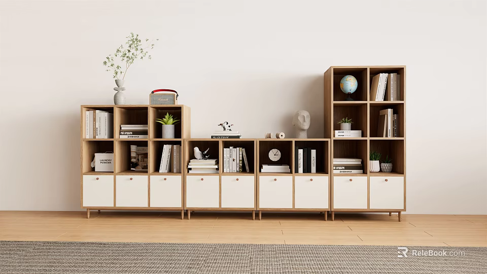 Modern Wooden Bookcase With Books Plants Globe And Decorative Storage Items 3d model 