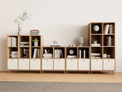 Modern Wooden Bookcase With Books Plants Globe And Decorative Storage Items 3d model