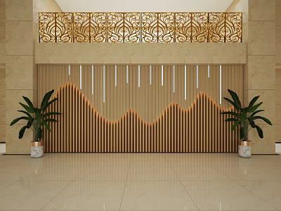 Modern Bedroom Accent Wall With Wooden Slats Lights And Plants 3d model