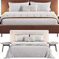 Modern Double Bed with Brown Headboard Plaid Pillows Striped Blanket Nightstand and Round Cushions