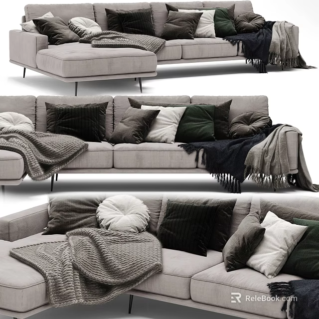 Light Gray Sectional Sofa With Multiple Colored Pillows And Knitted Blankets 3d model