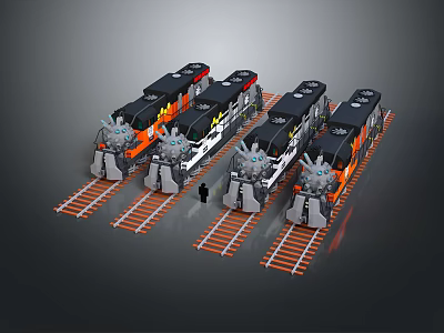 Toy Train Models With Black And Orange Design On Tracks And Small Figures 3d model