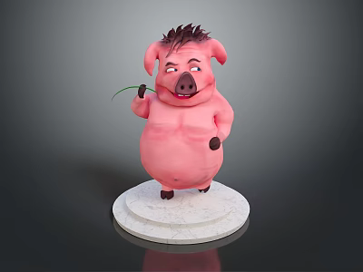 Cheerful Cartoon Pink Pig With Spiky Hair Holding Green Grass Standing On White Platform 3d model