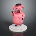 Cheerful Cartoon Pink Pig With Spiky Hair Holding Green Grass Standing On White Platform