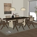 Modern Wooden Dining Table Set With Chairs Pendant Lights And Decorative Art