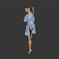 Game Movie Character in Blue Frilled Dress Striking Single Leg Pose Against Gray Gradient Background