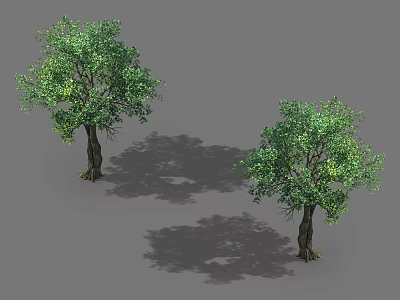 Two Arbor Trees With Green Leaves And Brown Trunks On Gray Background With Shadows 3d model