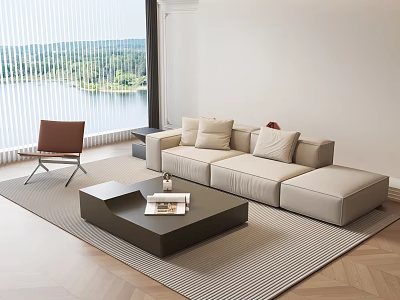 Modern Beige Sofa And Coffee Table Set With Lake View Striped Rug And Wooden Floor 3d model