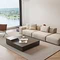 Modern Beige Sofa And Coffee Table Set With Lake View Striped Rug And Wooden Floor