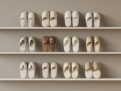 Neatly Arranged Slippers On Light Shelves With Various Colors Styles White Beige And Light Brown 3d model
