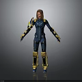 3D Rendered Female Character In Blue And Yellow Armored Suit Standing On Gray Background