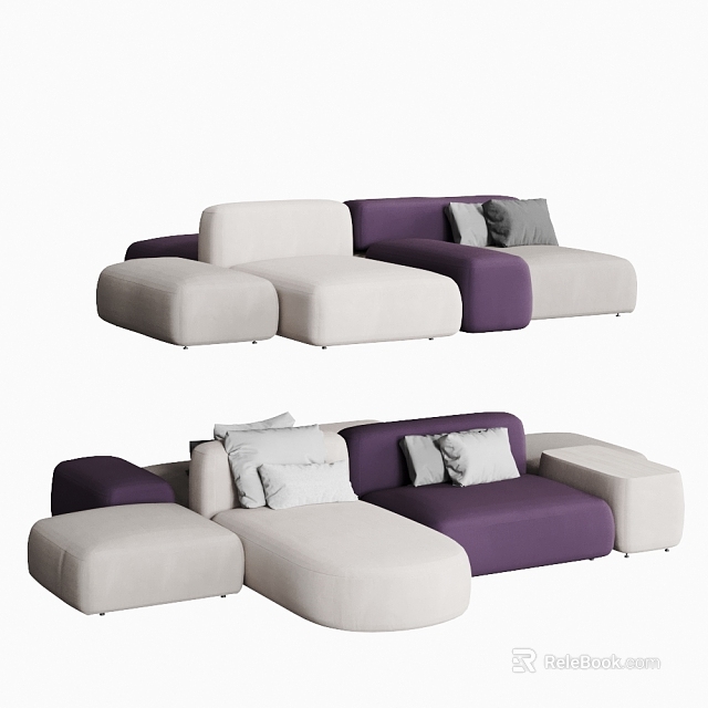 Modern Stylish Sectional Sofa With Purple And White Modular Sections And Soft Decorative Pillows 3d model 