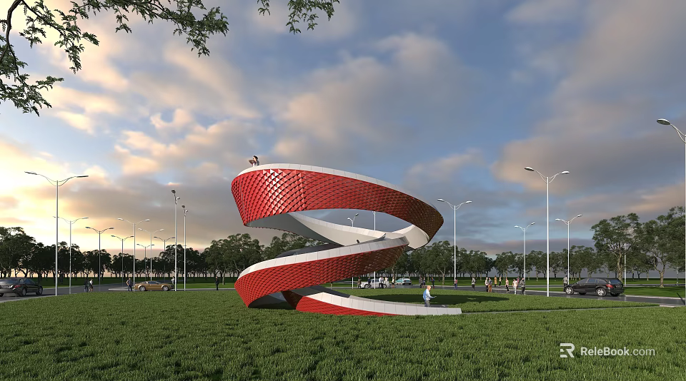 Spiral Red And White Bridge Design In Green Lawn With Street Lamps And Sky Background 3d model 