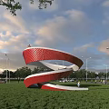 Spiral Red And White Bridge Design In Green Lawn With Street Lamps And Sky Background