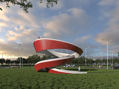 Spiral Red And White Bridge Design In Green Lawn With Street Lamps And Sky Background 3d model