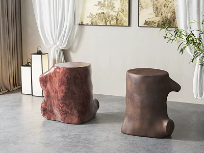 Natural Wooden Tree Stump Shaped Stools In Indoor Decor With Red And Brown Colors 3d model