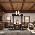Chinese Style Hotel Guest Room Interior With Wooden Ceiling Hanging Lamps And Dining Table Chairs