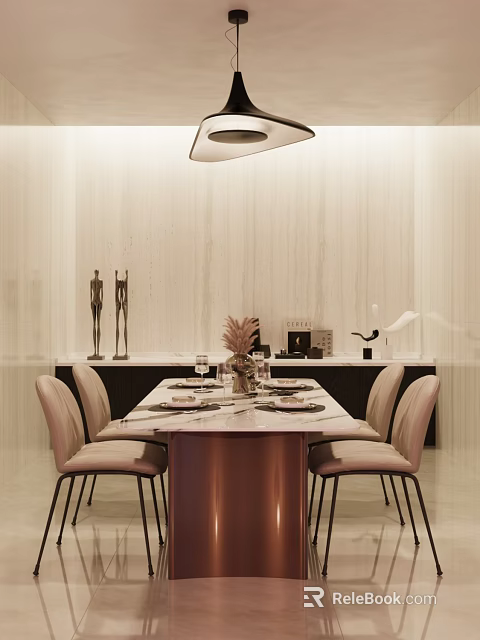 Elegant Modern Restaurant Interior With Marble Dining Table Chairs And Decorative Items 3d model 