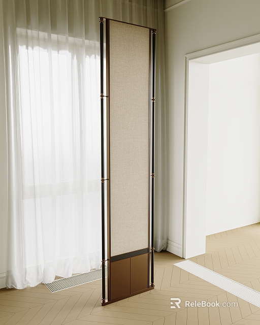 Modern Interior With Linen Screen Metal Frame Curtains And Wooden Floor 3d model 