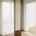 Modern Interior With Linen Screen Metal Frame Curtains And Wooden Floor