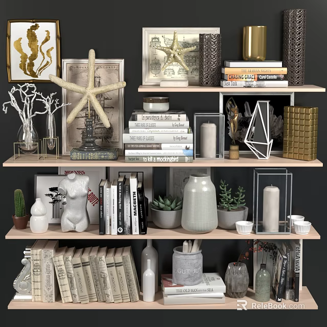 Stylish Decorative Ornament Arrangement with Starfish Books Geometric Vases Succulents and Gold Accents on Shelves 3d model 