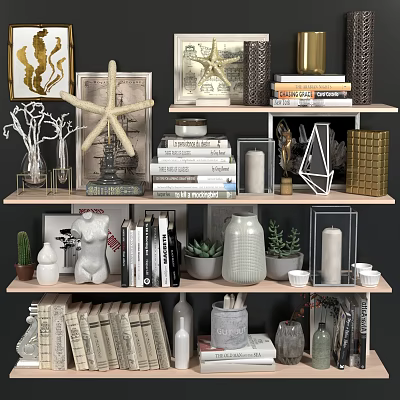 Stylish Decorative Ornament Arrangement with Starfish Books Geometric Vases Succulents and Gold Accents on Shelves 3d model
