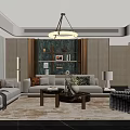 Modern Living Room Interior With Beige Sofa Patterned Rug Round Chandelier Bookshelf Decor Accent Pillows